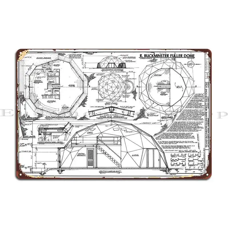 Buckminster Fuller Geodesic Home Blueprint Metal Plaque Party Cinema Cinema Design Party Plates Tin Sign Poster