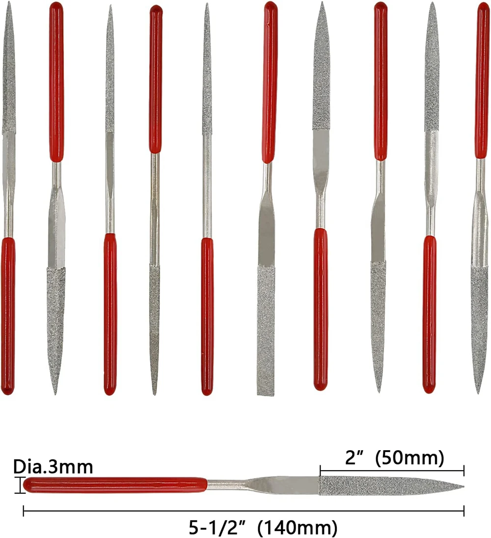 10-teiliges Diamant-Nadelfeilen-Set, 3 x 140 mm, Mini-Nadelfeilen-Set für Stein, Glas, Metall, Schnitzerei, Handwerk, Handwerkzeuge, Nadelfeilen-Set – Detail 2