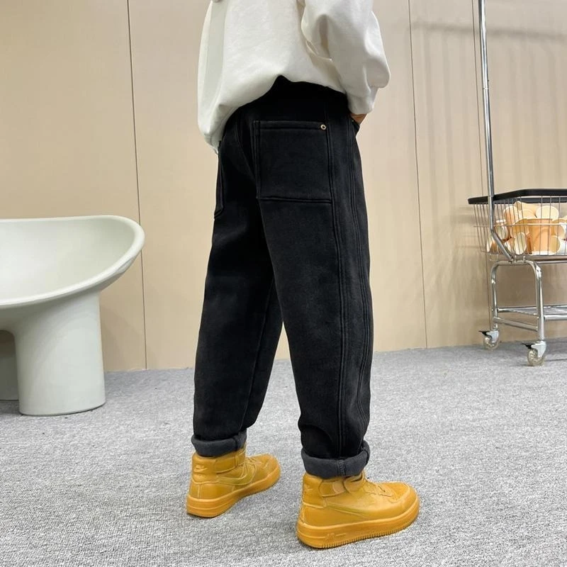 2026 New Boys Fleece Lined Jeans Kids Thick Warm Denim Pants Autumn Winter Children Casual Trousers Streetwear Fashion
