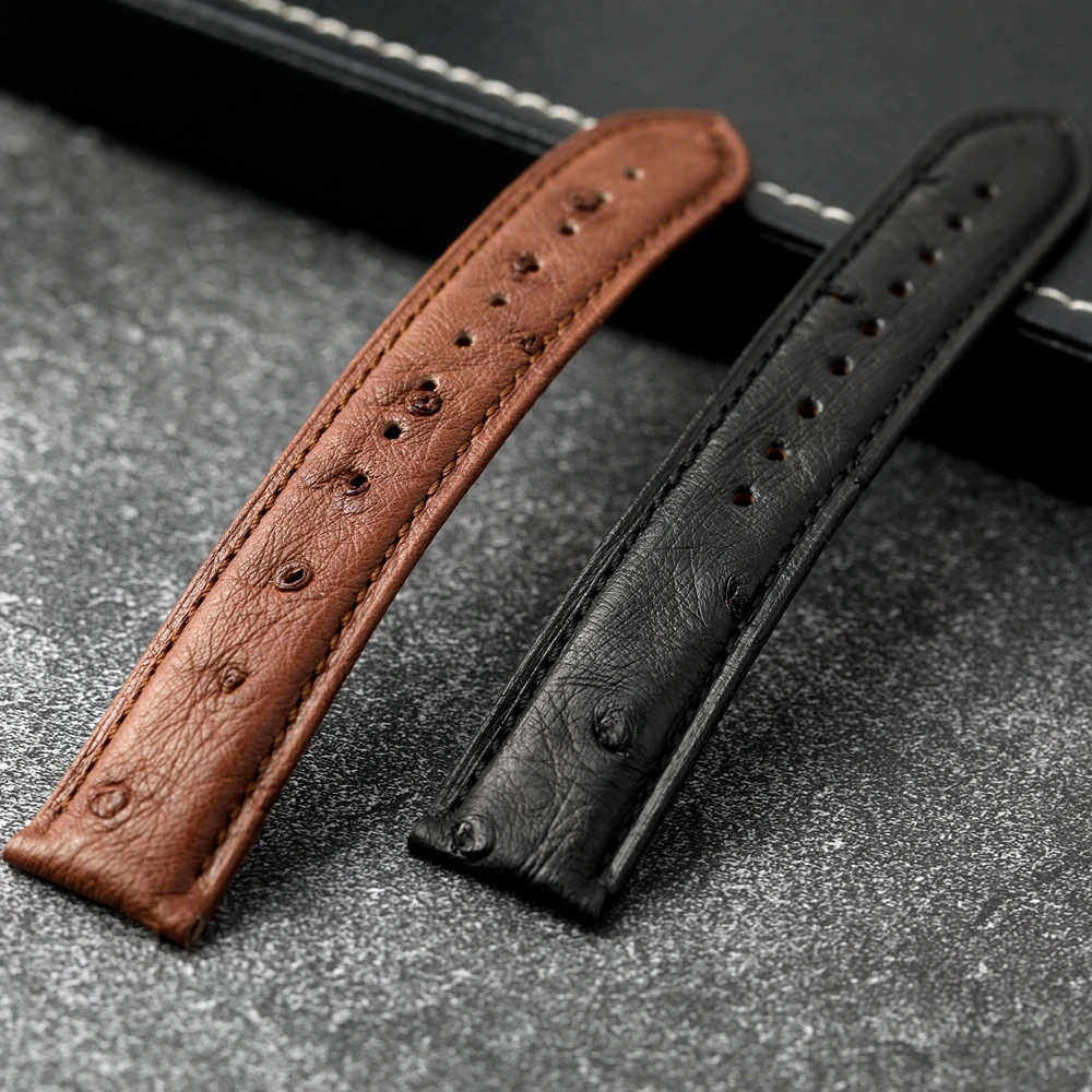 Handmade ostrich leather strap, 18MM 19MM 20MM 21MM 22MM brown black, genuine leather Watchband, vintage style, men's bracelet