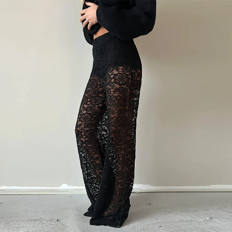 Vrouwen sexy pure zwarte kanten broek chique veelzijdige wijde pijpen lange broek nieuwe mode uitlopende broek 2026 trendy Y2k hoge streetwear