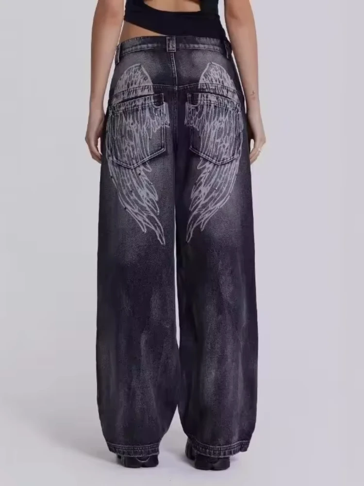 

HOUZHOU Y2k Vintage Women Jeans Back Wing Printed Rivet Washed Wide Leg Denim Pants Baggy Distressed Casual Trousers Streetwear