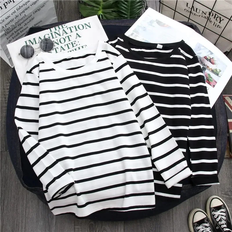 

1PC Spring and Autumn Winter Black Striped Top with Foreign Style Ins Bottom Shirt Women Long Sleeve T-shirt