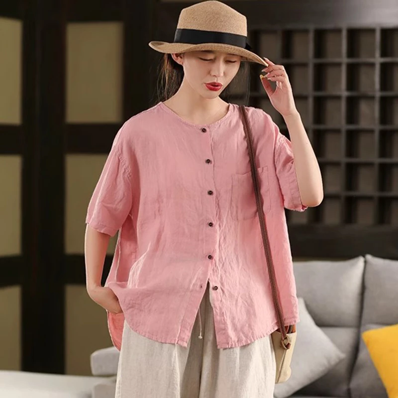 100% 린넨 여성 캐주얼 셔츠 신상 2025 여름 빈티지 스타일 O넥 단색 루즈핏 여성 반팔 탑 셔츠 T677