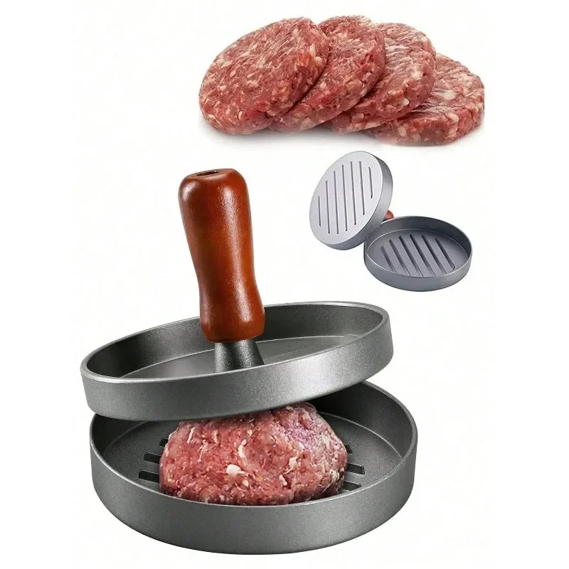 Burger Patty Press, Aluminum Alloy Manual Burger Maker with Filling Tool, Black Handle, Hamburger Mold for Breakfast Pancake view 3