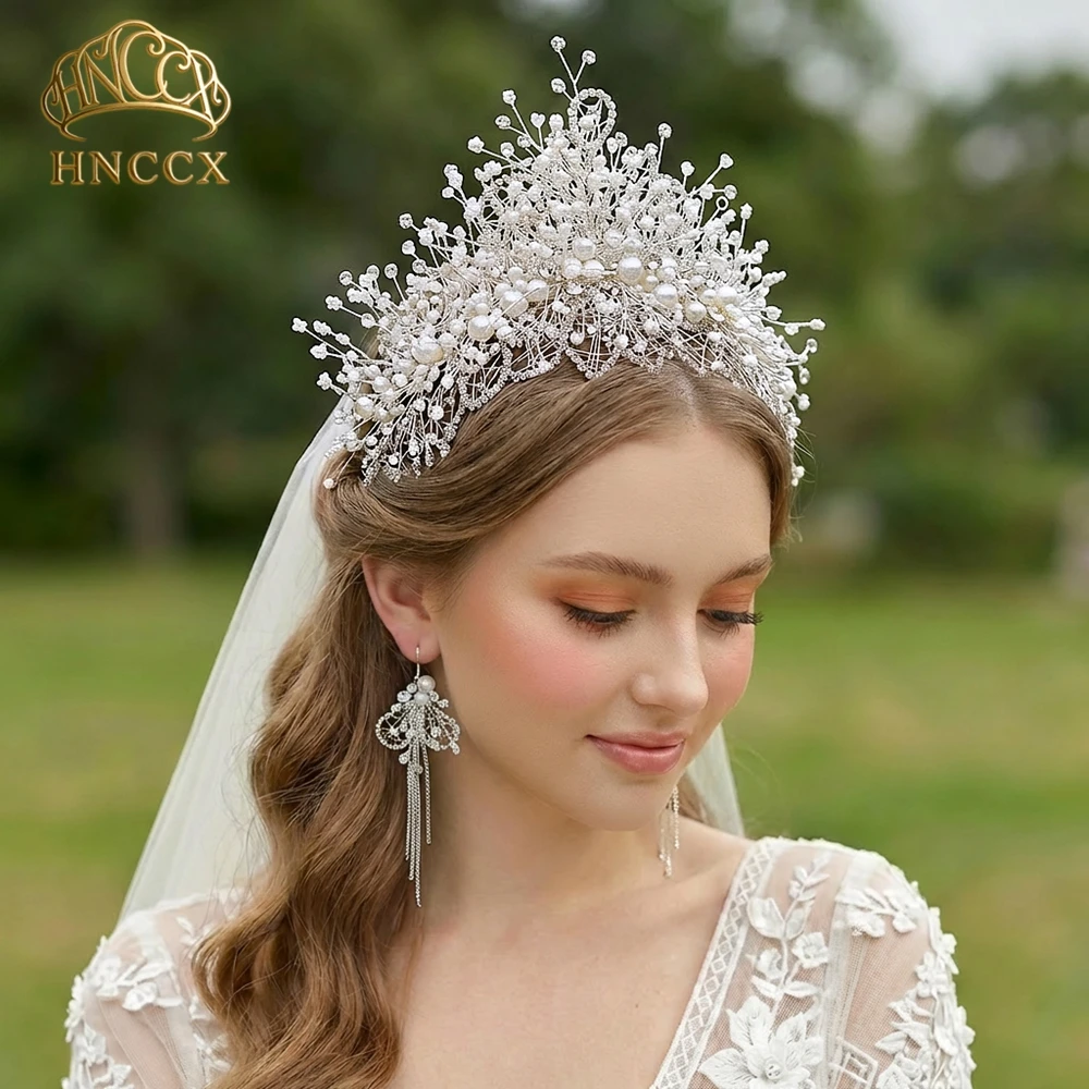 HNCCX Luxury Bridal Crown Wedding Tiara Headdress Hair Accessories White Color Pearl Headpiece Party Headband Hair Jewelry HP245