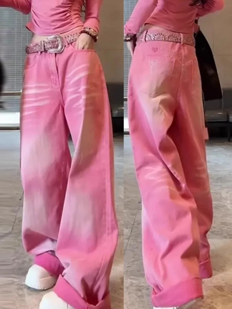 Women's Baggy Pants Punk Y2K Streetwear Jeans Vintage Design Straight High Waist Draped Wide-legged Floor-length Pink