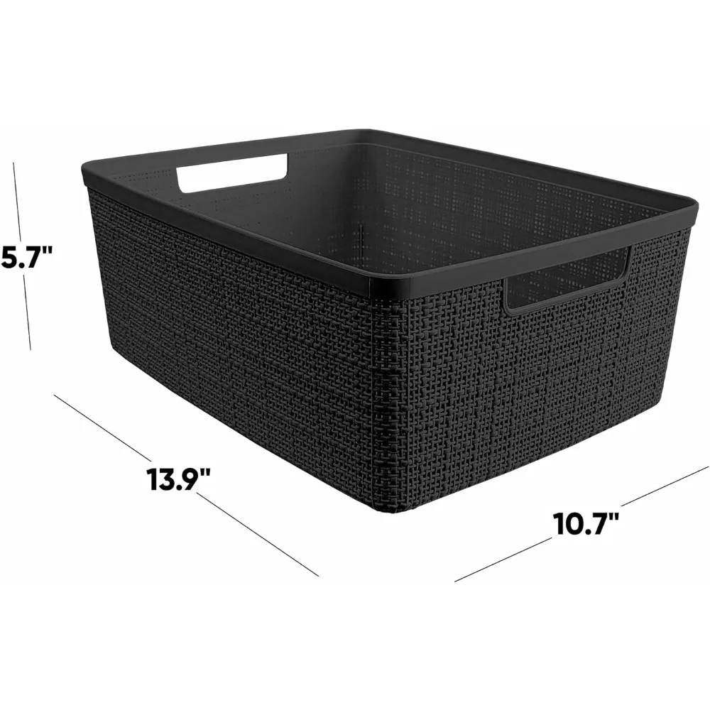 Curver Set of 6 Jute Medium Decorative Plastic Organization Storage Baskets Perfect Bins Home Office, Closet Shelves, Black