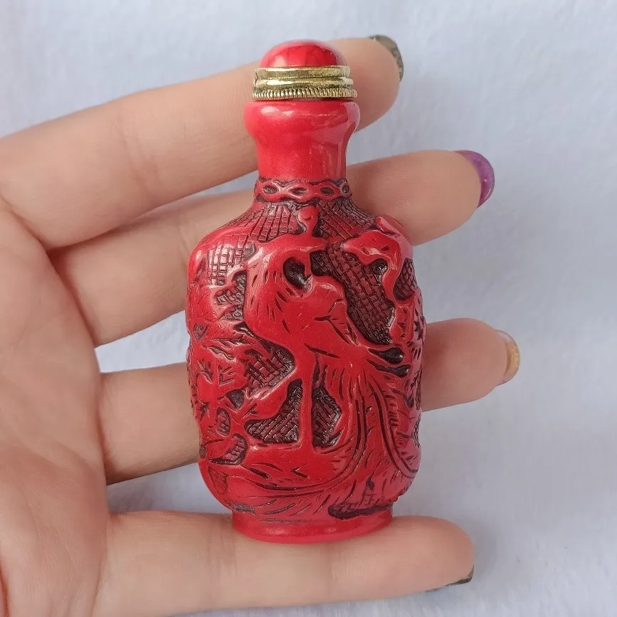 

Antique Collection Imitation Red Coral Snuff Bottle Double-sided Carver Smoking Set Inside Painting Snuff Bottle Small Pendant