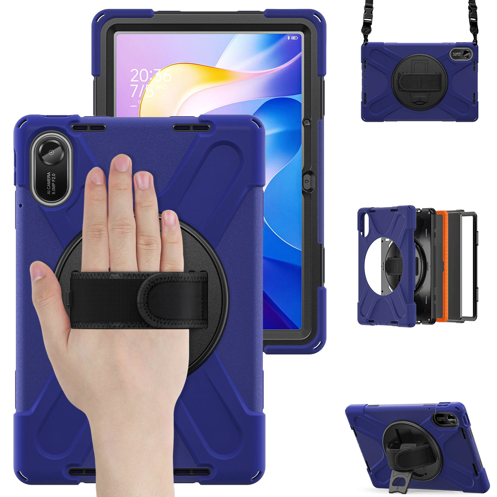 For Xiaomi Redmi Pad 2 Kickstand Case TPU PC Silicone Tablet Cover with Shoulder Strap - Navy Blue