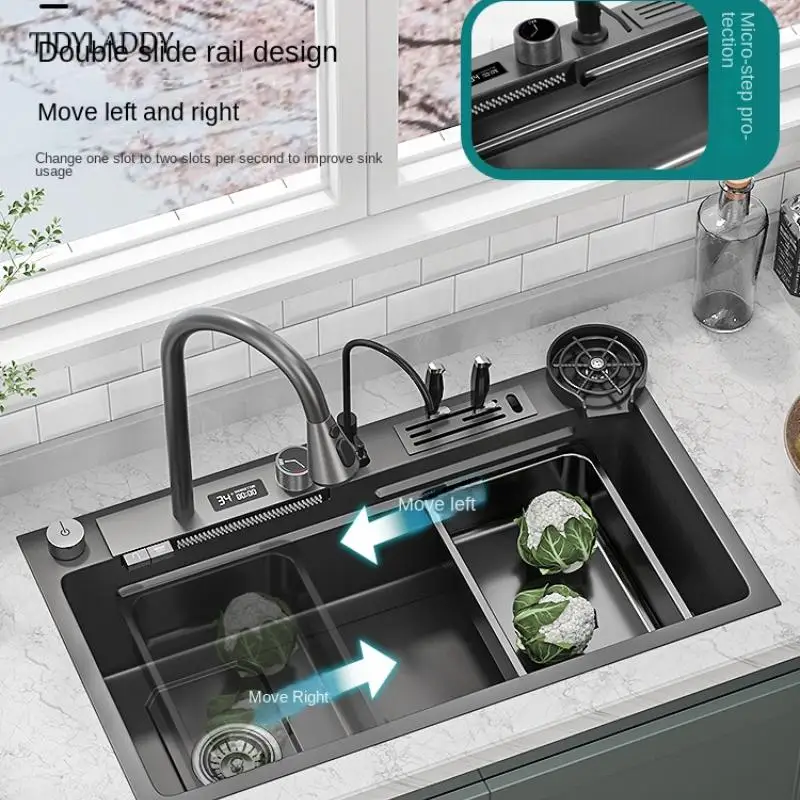 304 Stainless Steel Kitchen Waterfall Sink Digital Display Large Single Slot Dish Basin Sink With Multifunction Touch Waterfall