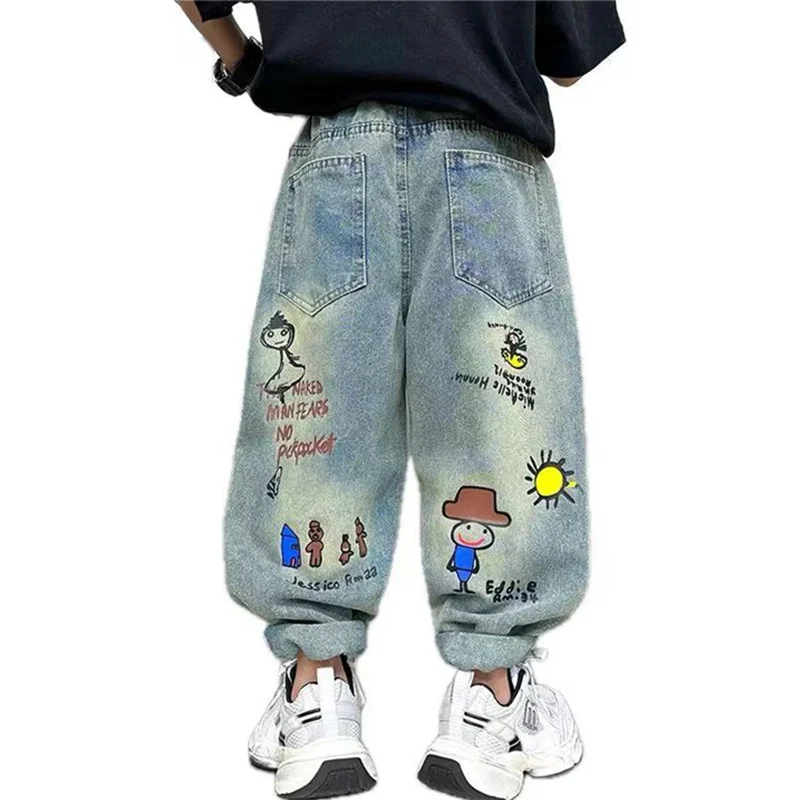 2024 Fashion Cartoon Jeans for Boys Teenage Children Jeans Elastic Waist Denim Pants Kids Trousers for Boys Kids Clothes 5-14T