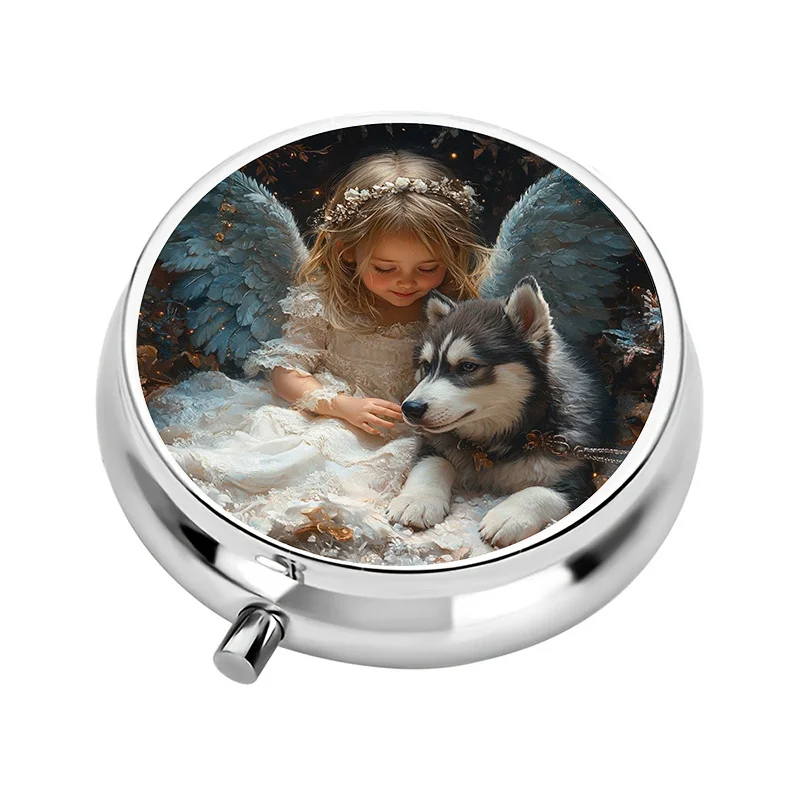 1 mini pill box with 3 compartments, featuring an angel and husky themed fantasy scene, miniature pill box, portable pill box, suitable for a purse or wallet, pill organizer, unique gift compact pill box