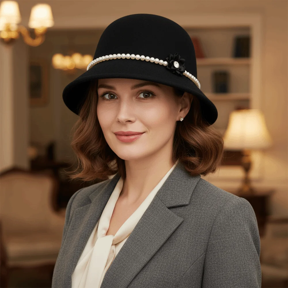 Sombrero de pescador cálido de Color sólido con flores y perlas a la moda, sombrero de pescador de lana Hepburn, sombrero de cubo de lana funerario