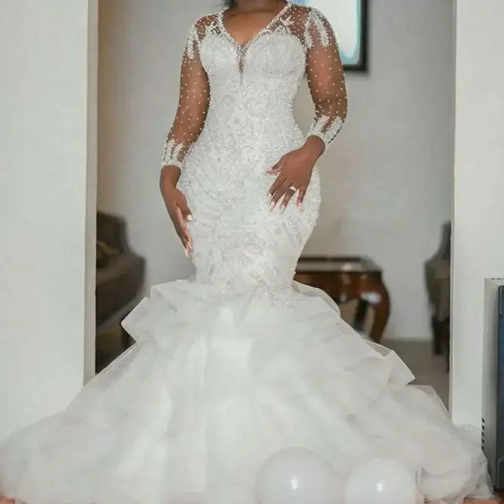 Customized Mermaid Wedding Dresses Heavy Beaded Long Sleeve Layered Skirt Plus Size V Neck Wedding Dress
