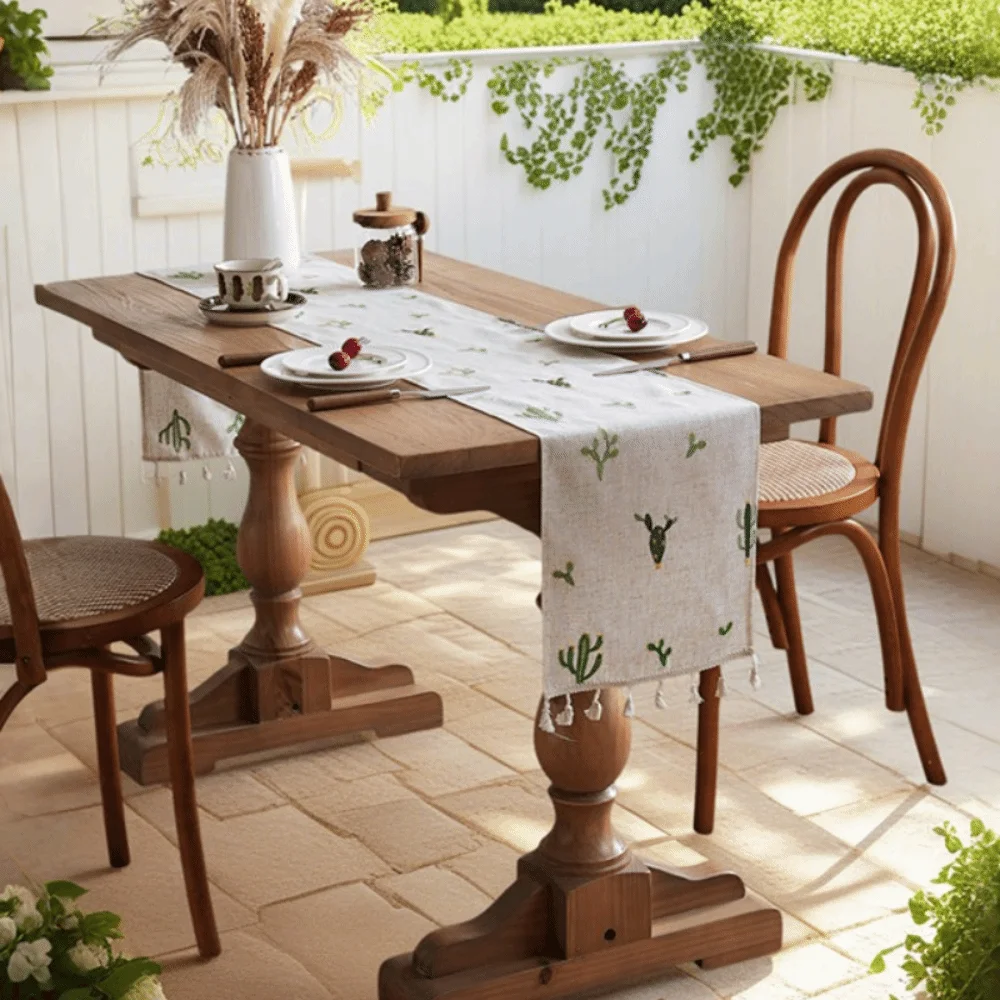 Rustic Style Linen Embroidery Table Runner Flower/Cactus Pattern with Tassel Table Cloth Long Strip Decorative Table Cover