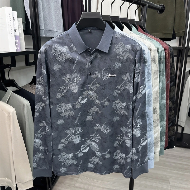 Herren-Polohemd mit abstraktem Blattmuster, langen Ärmeln, umgeschlagenem Kragen, atmungsaktivem, glattem Stoff, für den täglichen, lässigen Gebrauch. – Detail 20
