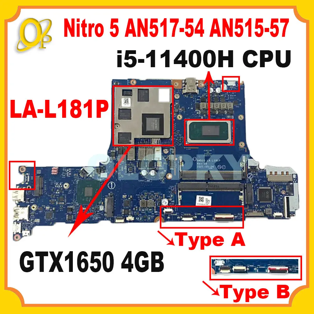 

Материнская плата GH51G LA-L181P для Acer Nitro 5 AN515-57 AN517-54, материнская плата для ноутбука с процессором i5-11400H GTX1650, 4 ГБ графического процессора DDR4