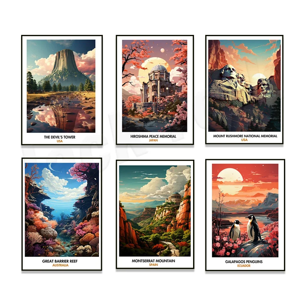 

Montserrat, Karnak Temple Complex, Hiroshima Peace Memorial Museum, Galapagos Penguins in Ecuador, Devil's Tower travel posters