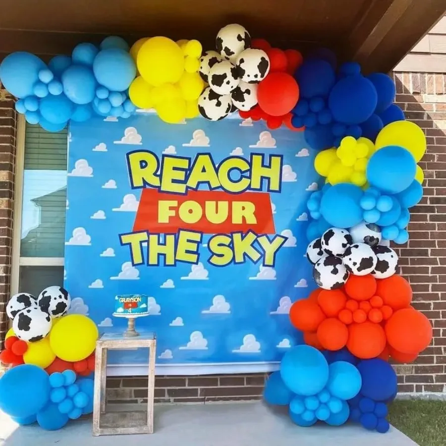 Kit de balões inspirados em brinquedo, 12 polegadas, padrão de vaca, nuvem, amarelo, vermelho, azul, verde, balões de látex para brinquedo inspirado, tema de história, birt