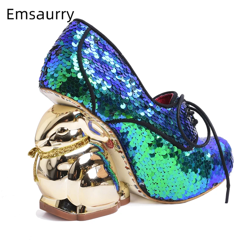 Bling Sequins Round Toe Banquet Shoes For Girls Novelty Rabbit-Shaped Strange Heel Platform Cross-tied Women Pumps