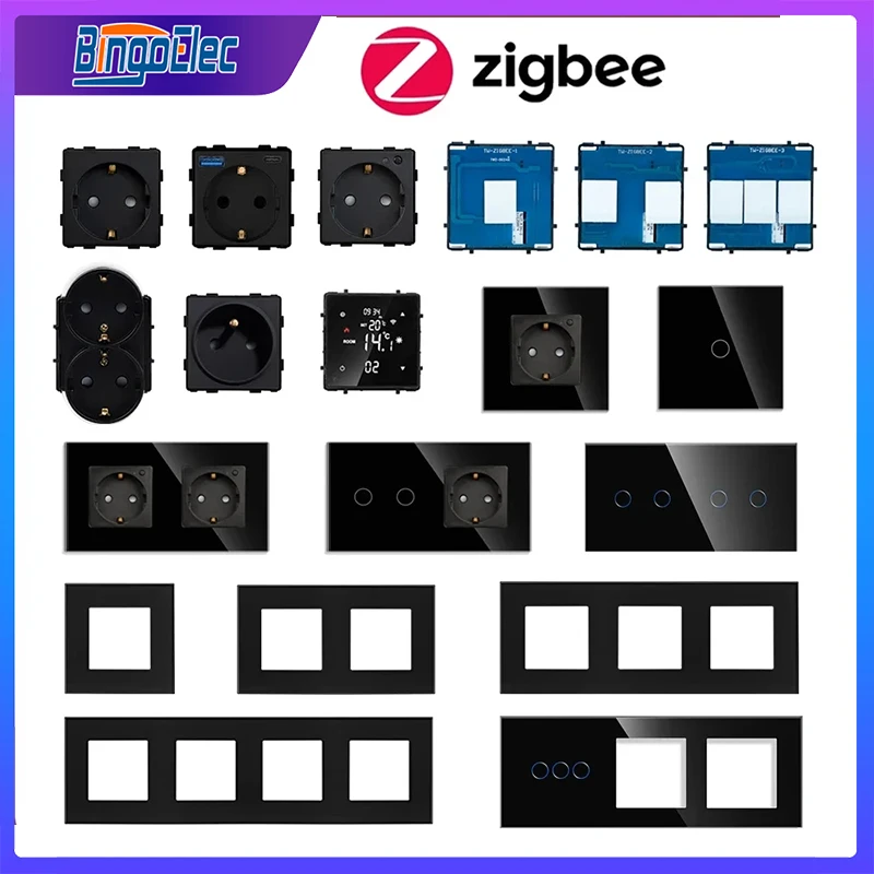 ZigBee Switch Need Neutral Smart Light Switches,EU Power Socket Parts,Black Glass Panel USB Wall Outlets DIY Part Smart Home