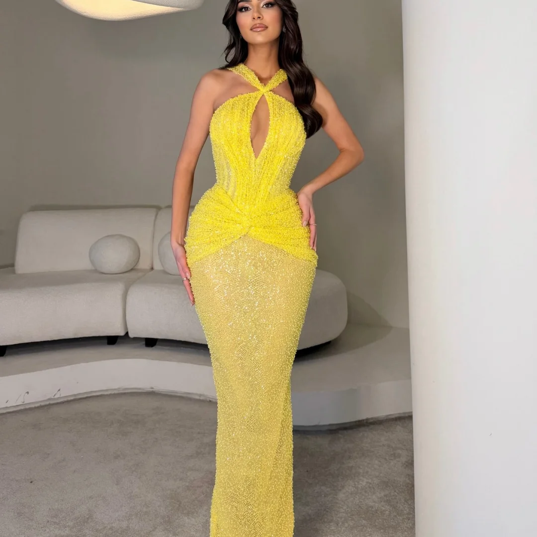 Amanda Customized Lemon Yellow Halter Prom Dress with Beaded Embellished Bodice, Keyhole Detail and Mermaid vestidos de noche