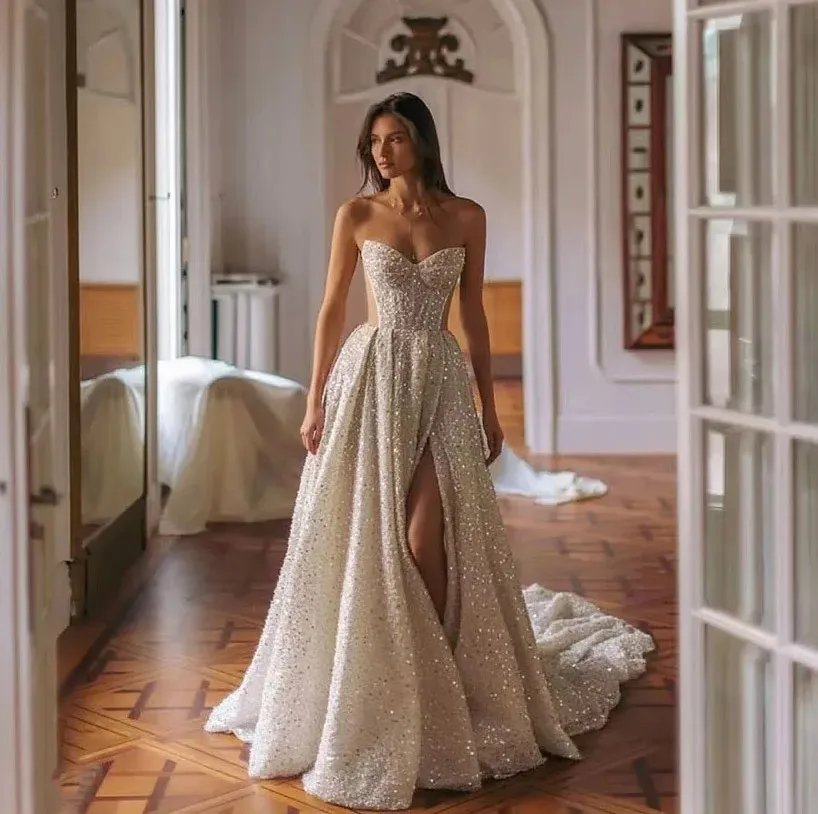 Sparkly Sequin Wedding Dresses 2026 Sweetheart Sleeveless Beads Slit Lace Up A-line Bridal Bride Gowns Vestidos De Novia