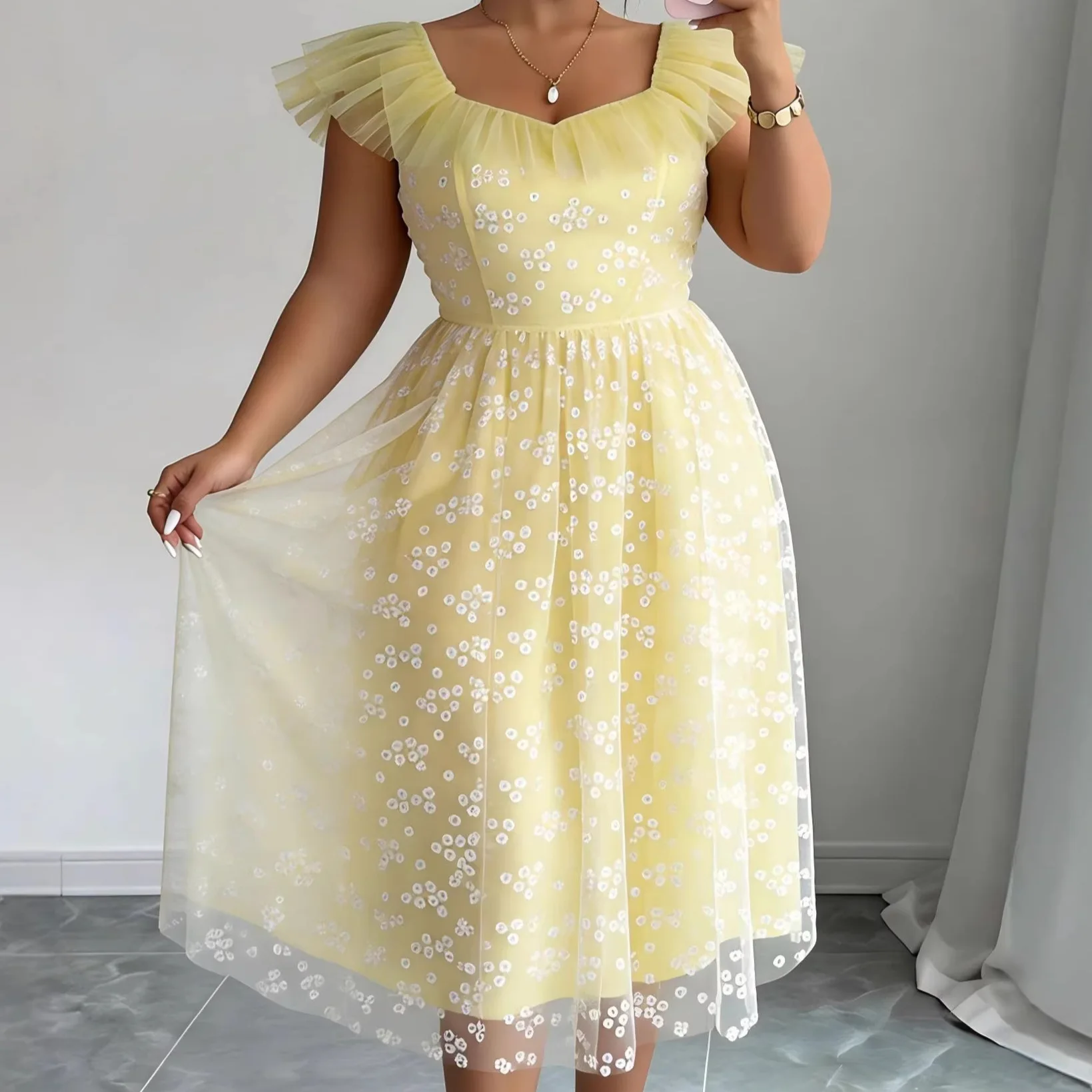 

Elegant A-line Waist-cinching Party Evening Gown Robe Vestido Women French Romantic Small Plum Blossom Mesh Square Neck Dress