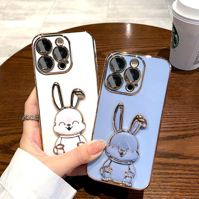 For iPhone 14 Pro Cute Case 3D Bunny Rabbit Stand Bracket Holder Phone Cases for iPhone 7 8 14 Plus 11 12 13 14 Pro Max X Xr Xs
