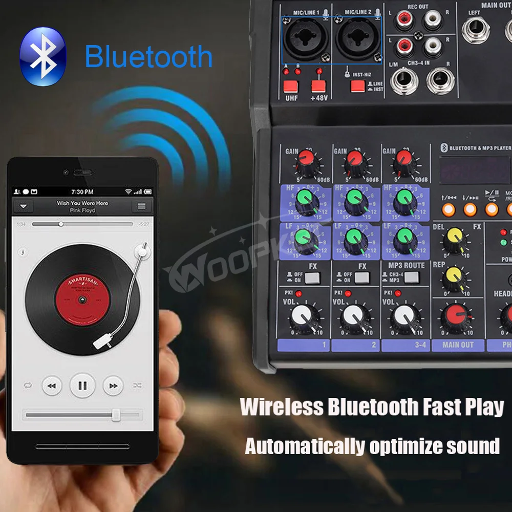 Woopker-Console Mixer Áudio com microfone sem fio, mistura de som, Bluetooth, entrada USB, DJ Mixer, 4 canais