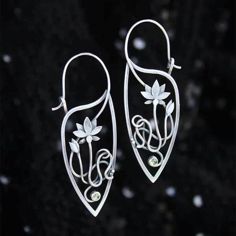 New Lotus Silver Color Earrings Elf Jewelry Fashion Floral Design Ladies Pendant Earrings Gift