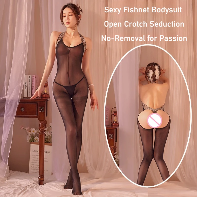 مجموعة ملابس داخلية مثيرة من شبكة صيد السمك قابلة للتمزيق بمقاس كبير - جوارب مفتوحة بين الرجلين للنساء