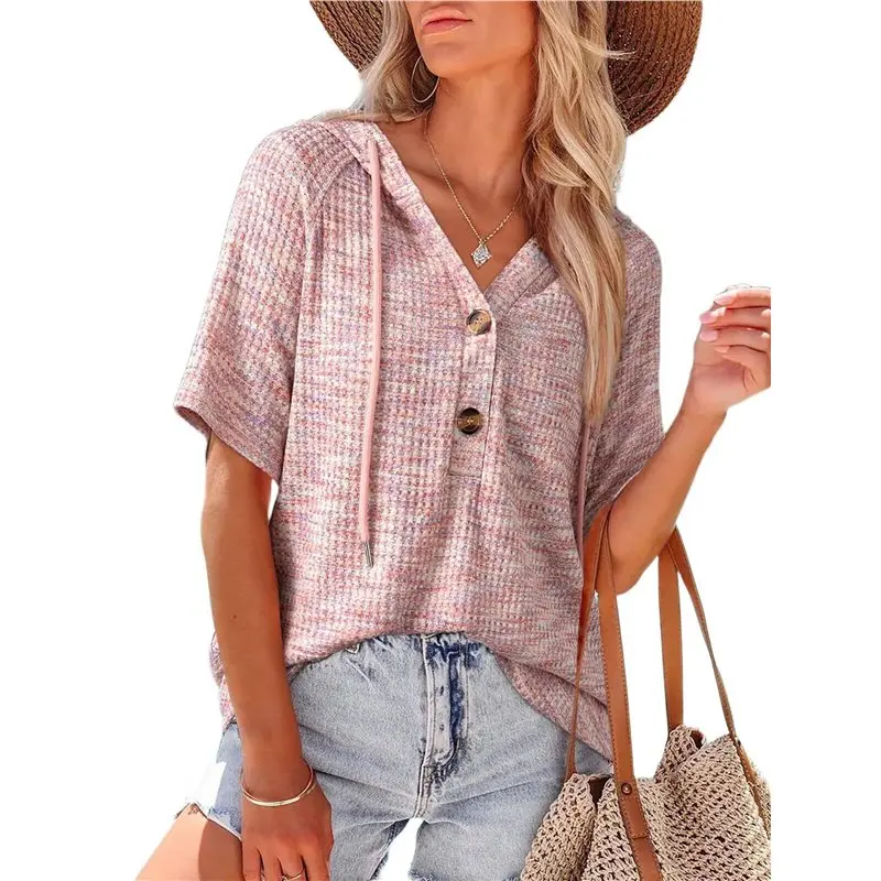 

Женские топы CYL с коротким рукавом, на пуговицах, с V-образным вырезом, из вафельной ткани, с капюшоном на шнурке, повседневные блузки-рубашки