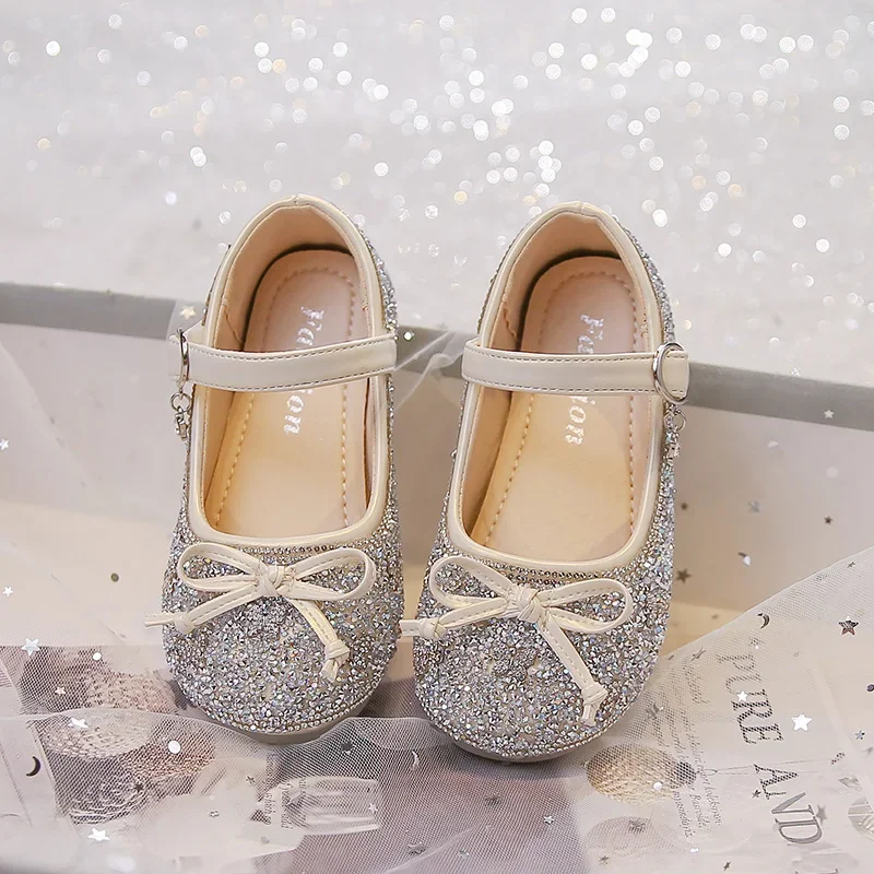 

Girls' Rhinestone Crystal Princess Shoes, Spring 2026 Style, Rhinestone Butterfly Cute Bow Solid Color Performance Dance Shoes