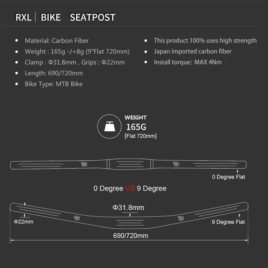 9 Degree Carbon Bicycle Handlebar Mountain Handlebar 31.8mm*720/760mm Bike UD Matte Flat MTB Handlebar Bicycle Accessorie Part