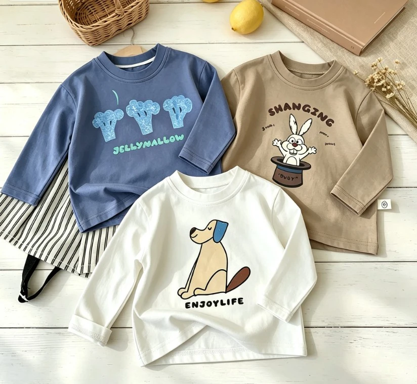 Baby Cartoon Long Sleeve Top Kid Daily Cotton Crew Neck Long Sleeve Tee Children Lovely Broccoli Magician Rabbit Print Tees Wear
