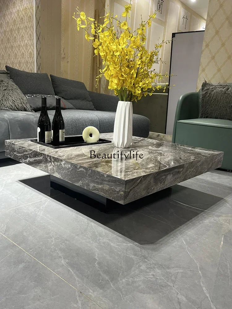 

Italian light luxury Venice brown marble rock slab coffee table minimalist stainless steel square table