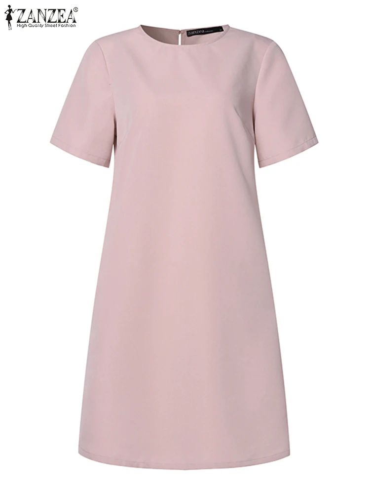 Letnia moda z krรณtkim rฤkawem jednolita sukienka ZANZEA damska elegancka letnia sukienka letnia solidna szata do kolan Femme Party Vestidos
