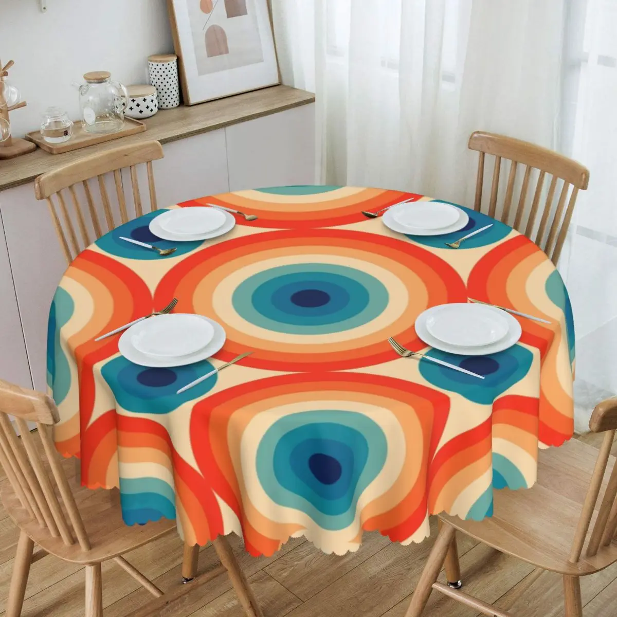 Polka Eye Illusion Dot Pattern In Orange And Blue Round Tablecloths 60 Inches Mid Century Table Cover for Parties Table Cloth