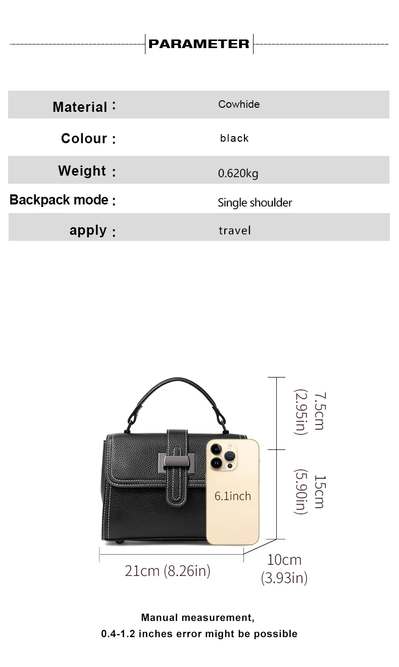 Aidrani 2026 Commuter Litchi Grain Hochwertige Kleine Schultertasche aus Leder für Damen mit Schnalle, Schwarze Kleine Quadratische Tasche – Detail 7