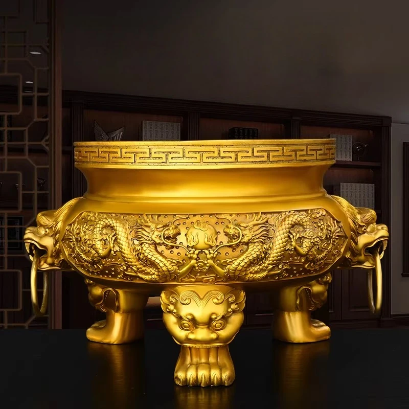 Brass Incense Burner Ornament with Two Dragons Playing with A Pearl Three-Legged Tripod with Animal Heads for Home