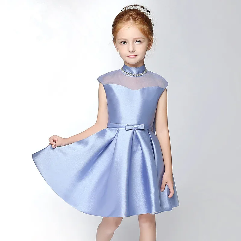 C'est YiiYa – robe à fleurs personnalisée pour filles, en Satin bleu, perles, col haut, sans manches, fermeture éclair au dos, longueur aux genoux, plissée, pour enfants, TS172