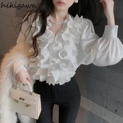 Temperament Lady Tops Blouses for Women V-neck Long Sleeve White Shirts 2024 Blusas Mujer De Moda Ruffles Loose Summer Blouse