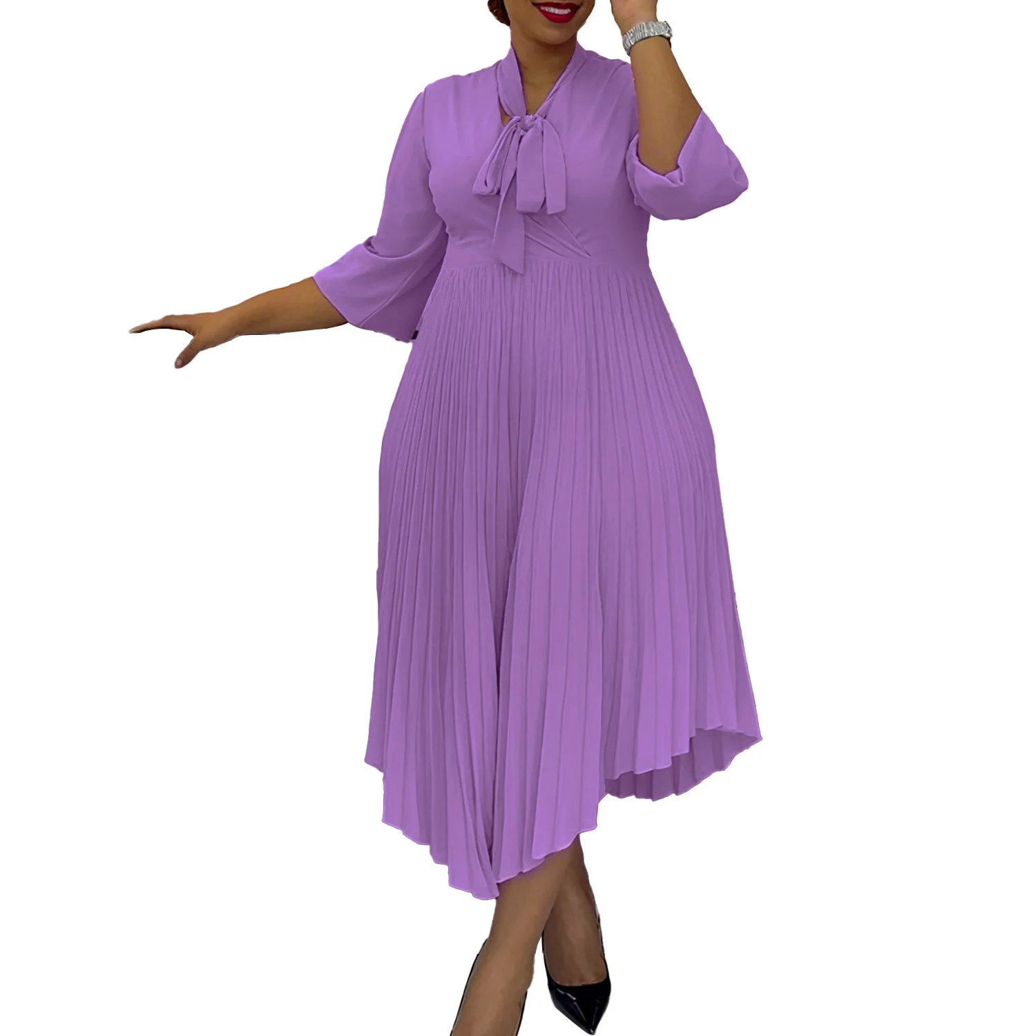 

Африканские платья Dashiki для женщин, осенние элегантные африканские платья с рукавами 3/4, v-образным вырезом, полиэстеровые плиссированные длинные платья, одежда в африканском стиле