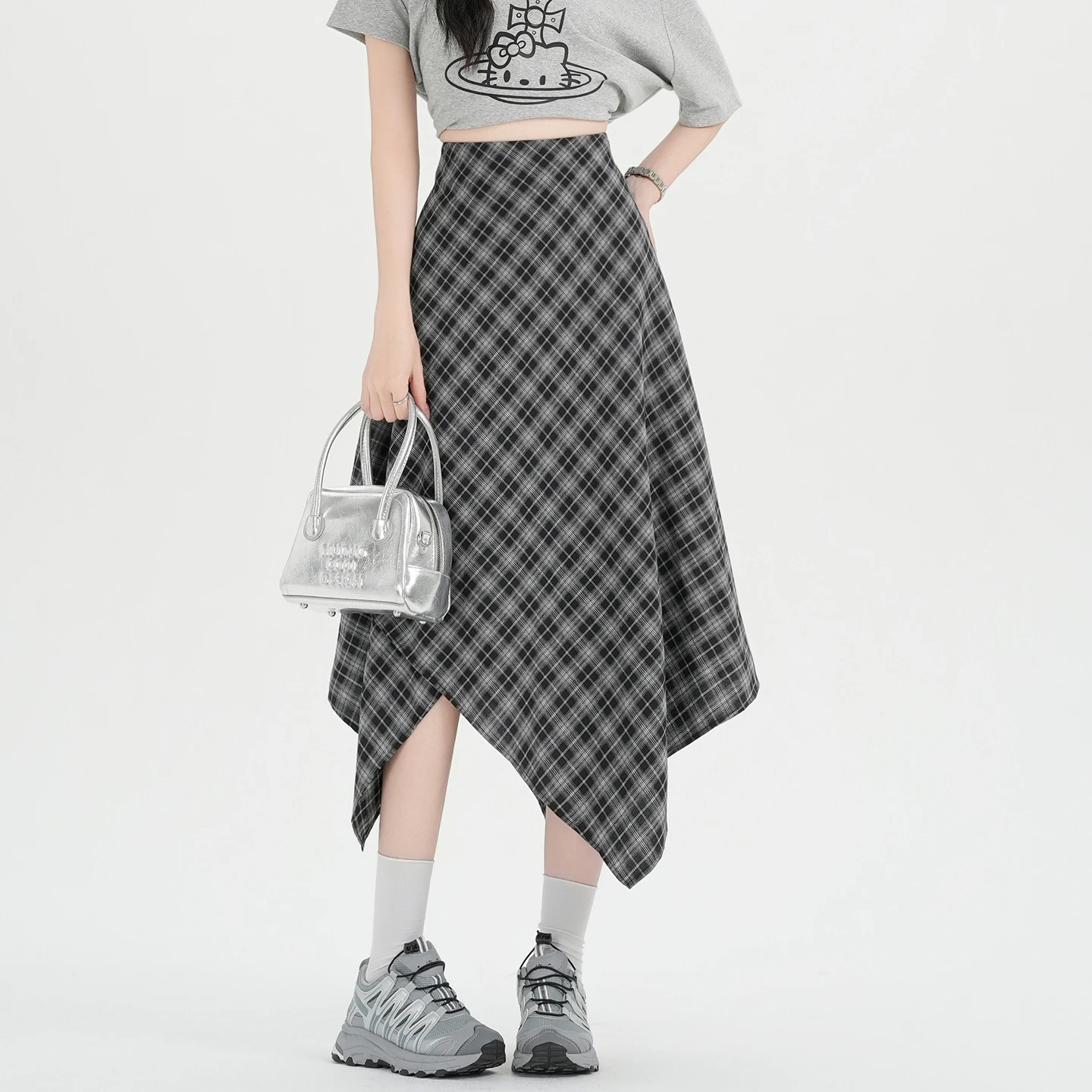 

Новая женская юбка миди А-силуэта в стиле ретро с клетчатым узором, асимметричная, корейский стиль, весна-лето-осень 2026