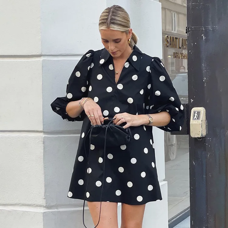 Women's 2024 Autumn New Fashion And Elegant Wave Dot Printed Shirt Collar Dress With Bubble Sleeves A-Line Skirt