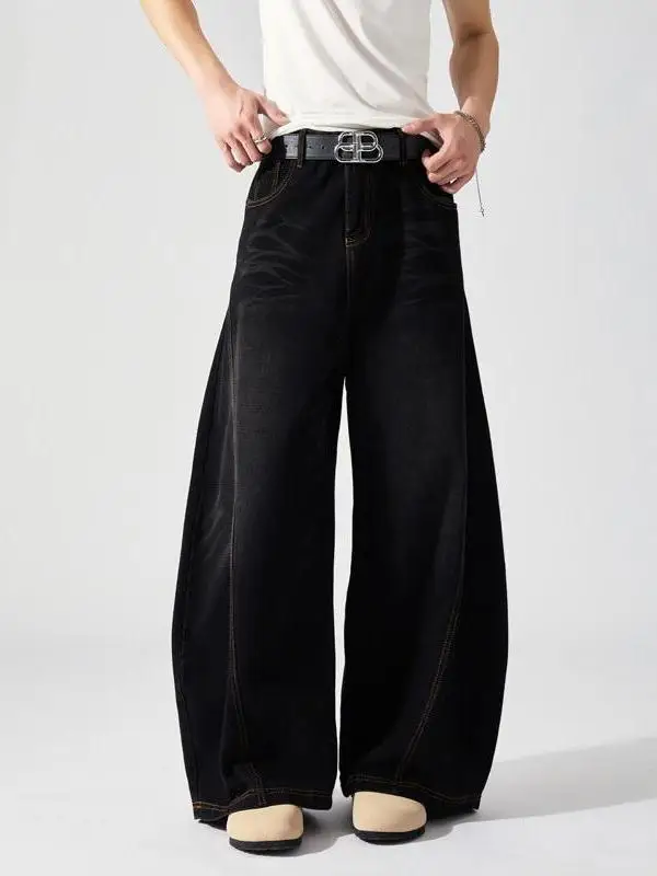 Calças Jeans Retrô Americanas Pretas Lavadas com Efeito Desgastado, Corte Solto Casual Unissex, Marca de Moda Urbana, Perna L...