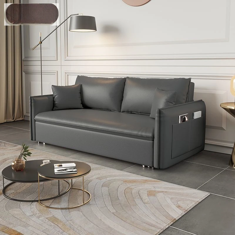 Multifunctional living room double small apartment pull leather sofa bed leather folding integrated