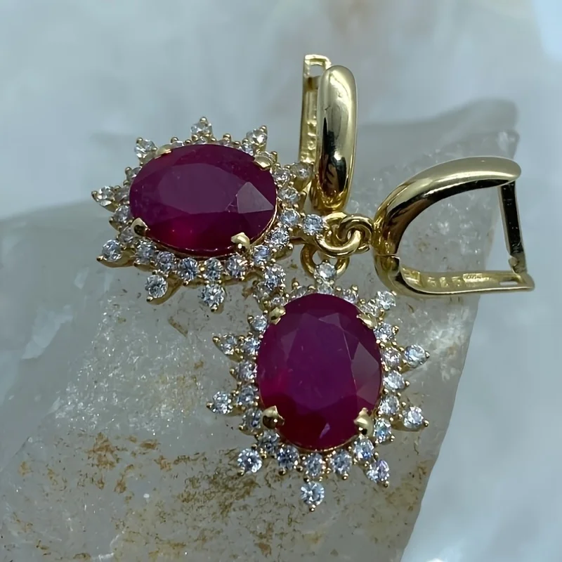 Luxury Gold Color Sunflower Earrings for Women Red Oval Stone CZ Halo Huggie Drop Earrings Elegant Wedding Party Jewelry Gift